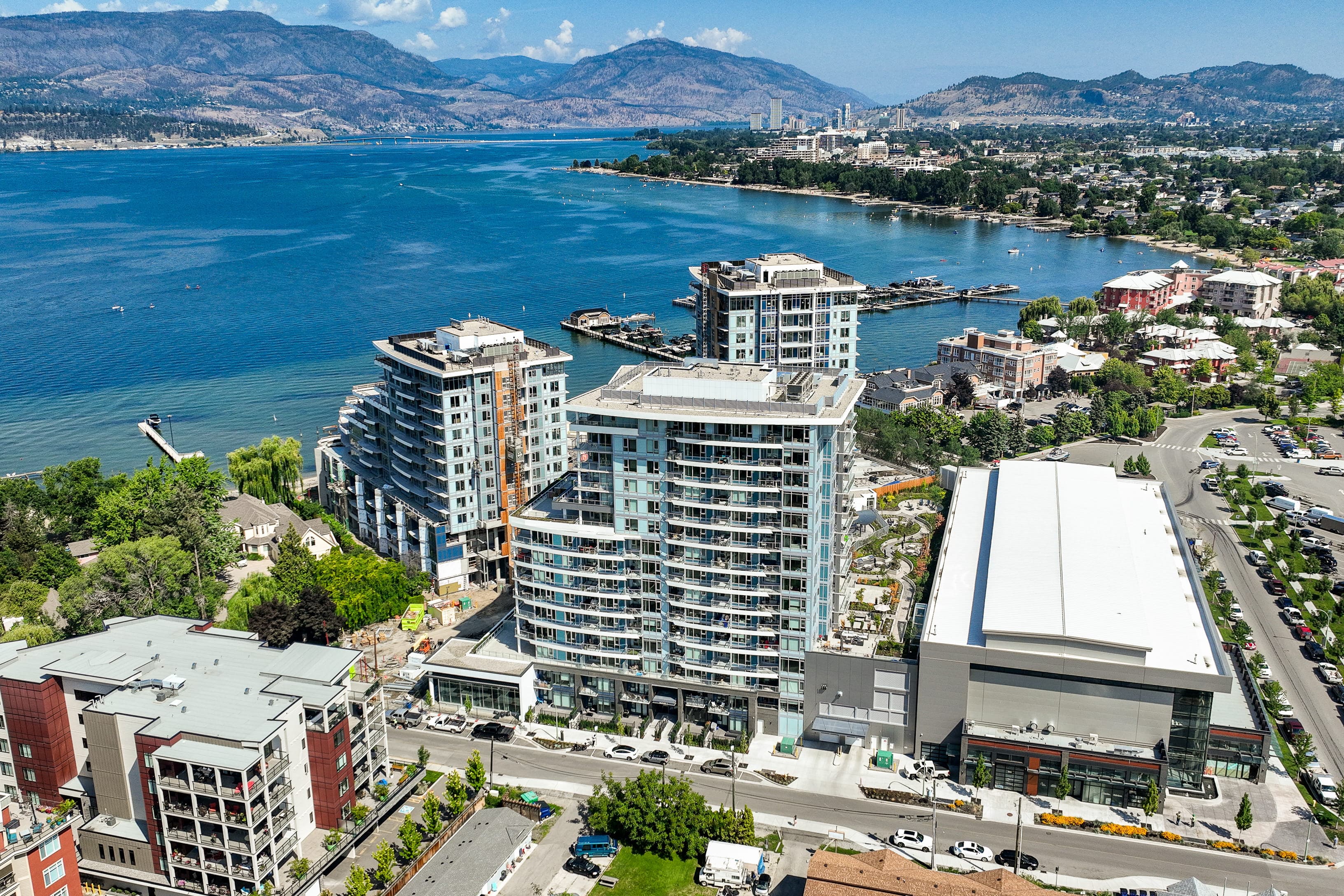 Aerial view of Premier Lakeshore Vacation Rental with Okanagan Lake